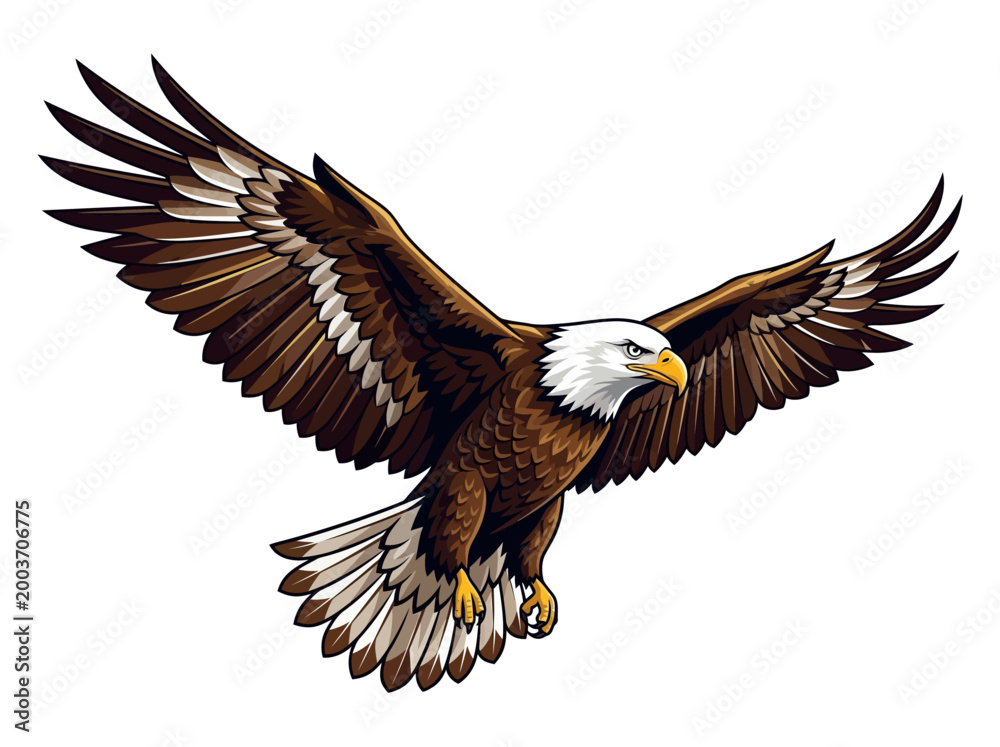 Fototapeta premium Majestic Bald Eagle in Flight Illustration Isolated on White Background.