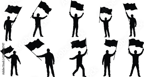 People Holding Flag Silhouette Set Protest Demonstration Support Gesture Activist Crowd Movement Vector Illustration Collection