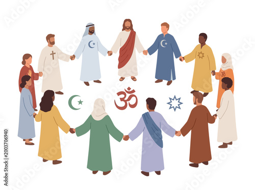 Diverse group of people from different religions holding hands in a circle.