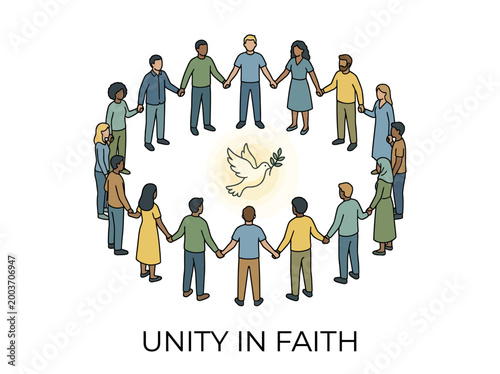 Diverse group of people holding hands in a circle around a peaceful dove symbol.