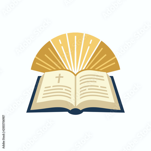 Open Bible book icon with shining light rays vector illustration.
