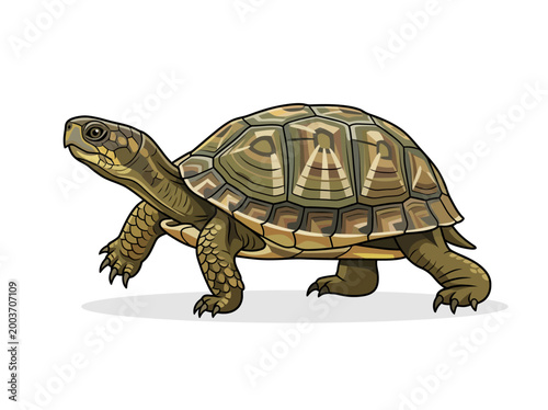 Illustration of a box turtle walking on white background.