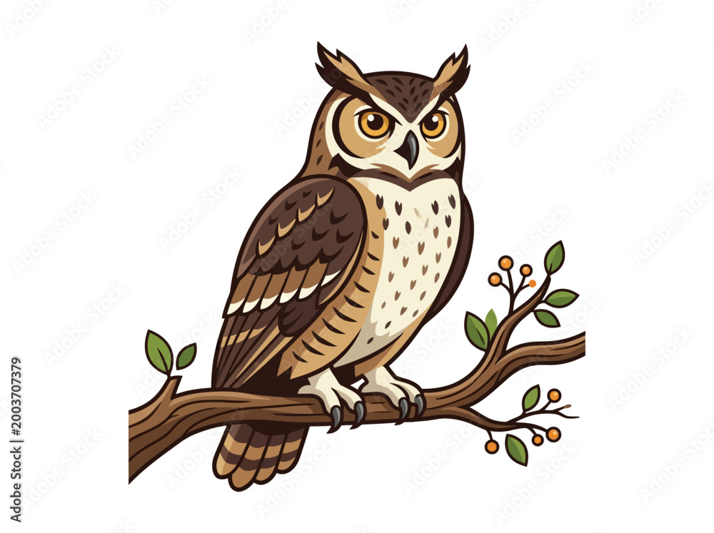 Obraz premium Great Horned Owl Perched on a Tree Branch Illustration.