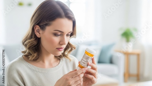 Woman looking intently at a pill bottle in a home setting, considering the instructions