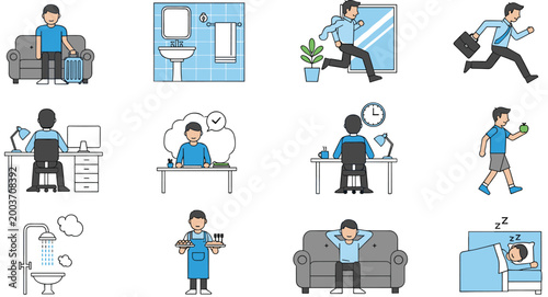 Daily Routine Activities Illustration Set Showing Work Exercise Sleep Hygiene Relaxation and Productivity Lifestyle Vector Collection