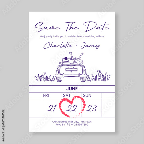 Minimalist Save the Date Wedding Invitation Card Template with Illustrative Couple in Vintage Car and Red Heart Calendar Detail