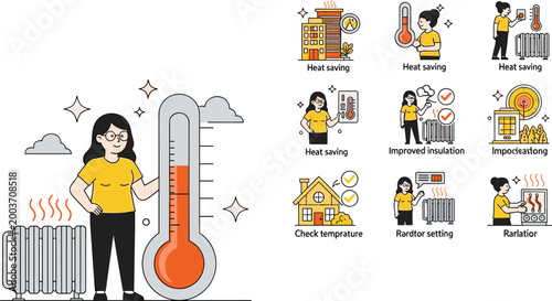 Home Heating Energy Saving Tips Illustration Set with Thermometer Radiator Insulation Temperature Control and Efficiency Improvement Vector Collection
