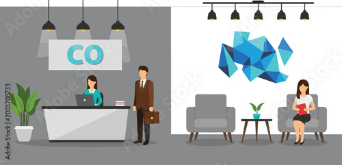 Company Reception Office Interior Illustration with Front Desk Waiting Area and Business Visitors Corporate Workspace Vector Set