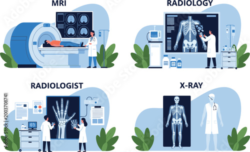 Radiology Medical Imaging Concept Set with MRI X Ray Radiologist and Diagnostic Equipment Healthcare Technology Vector Illustration Collection