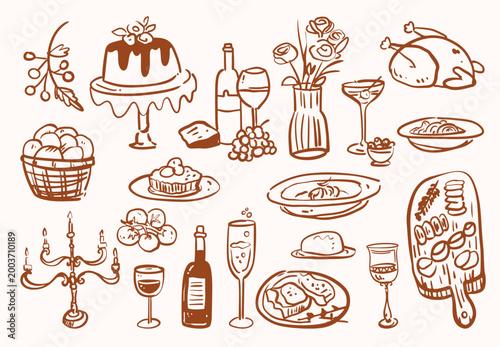 Hand Drawn Special Dinner Party Elements Clipart Set Featuring Wine Dessert Roasted Turkey and Gourmet Food Illustrations for Holiday Celebrations and Restaurant Menus