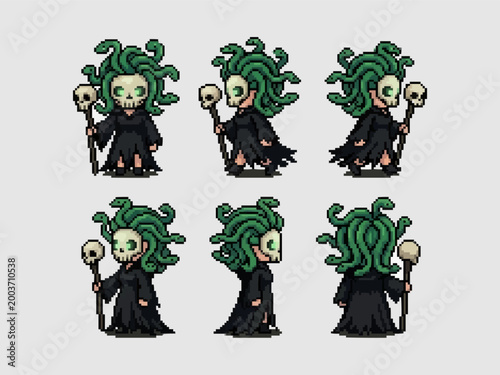 pixel art character spritesheet of a medusa gorgon with snake hair wearing a skull mask and holding a bone staff.