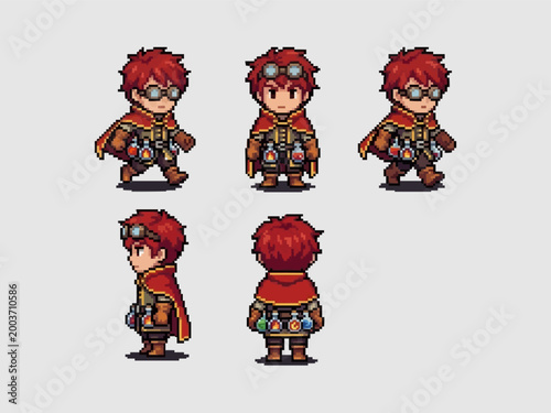 pixel art character spritesheet of a young red-haired alchemist wearing goggles and a cape with various colorful magic potion bottles.