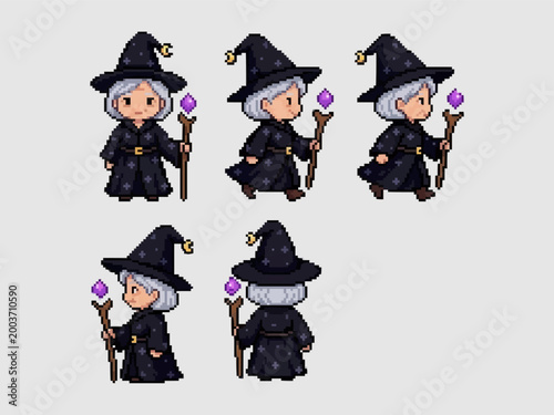 Foto pixel art character spritesheet of an elderly female witch wearing a star-patterned robe and holding a magical glowing purple staff