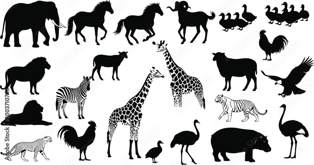 Fototapeta premium Animal Silhouette Collection Featuring Safari Wildlife Farm Birds and Mammals Isolated Flat Vector Illustration Set