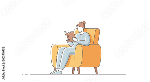 Woman sitting on armchair reading book.