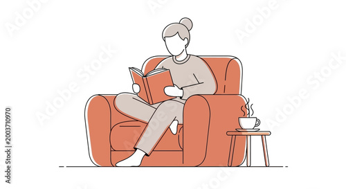 Woman Sitting on Orange Sofa Reading.