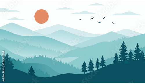 Mountain range with pine trees.