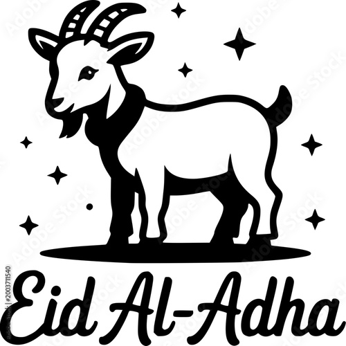 Eid Al-Adha Goat Illustration: A black and white illustration of a goat is used for the celebration of Eid Al-Adha. The scene captures the essence of this festive occasion.