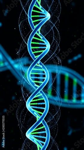 Glowing DNA Helix Structure on Black Background.