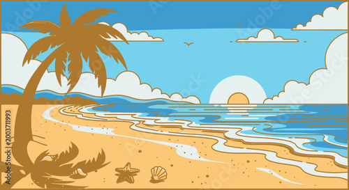 Beach scene illustration with palm tree ocean waves and sun vector design