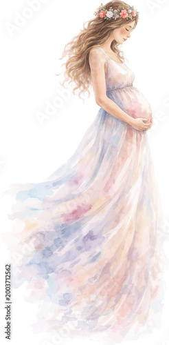 Pregnant woman in floral wreath, watercolor illustration, maternity and motherhood concept