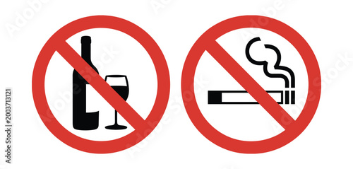 No alcohol and no smoking prohibition signs with modern vector illustration for lifestyle safety, public health rules, and behavior restriction concepts