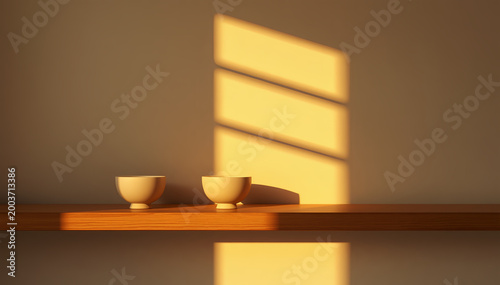Beige Ceramic Bowls with Sunlit Shadows