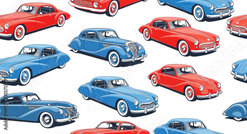 Obraz na plátně Retro Cars Seamless Pattern: Vintage Automobiles in Red and Blue, Classic Automo