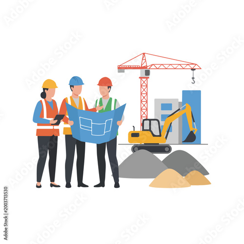 Three construction professionals in safety gear review a blue print at a site featuring a crane, excavator, and piles of dirt.
