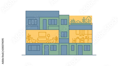 Stylized illustration showing a cutaway view of a building, revealing living, kitchen, and rooftop garden spaces.