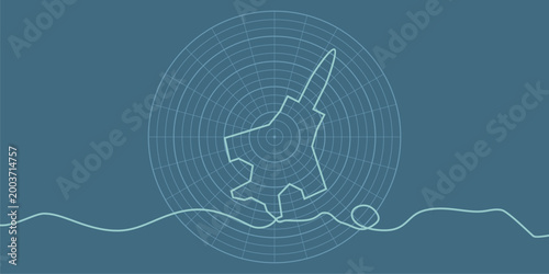 Jet bomber outline model on radar display. Military aircraft silhouette.