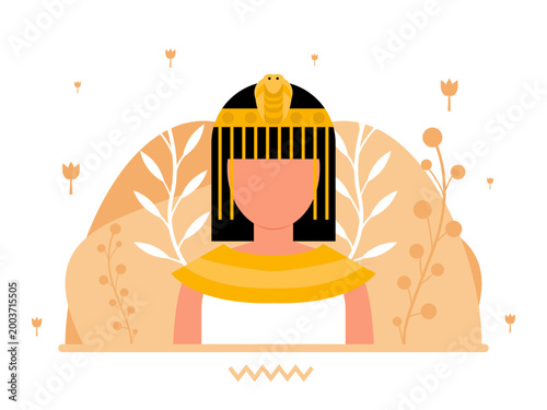 An ancient Egyptian queen or princess, frequently styled as Cleopatra, featuring traditional attire. Egyptian illustrations. Flat vector concepts.