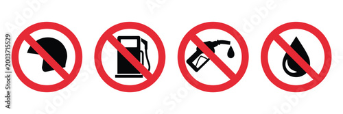 No helmet no petrol pump and no fuel restriction icons, modern vector illustration for safety compliance, prohibition rules, and warning sign systems