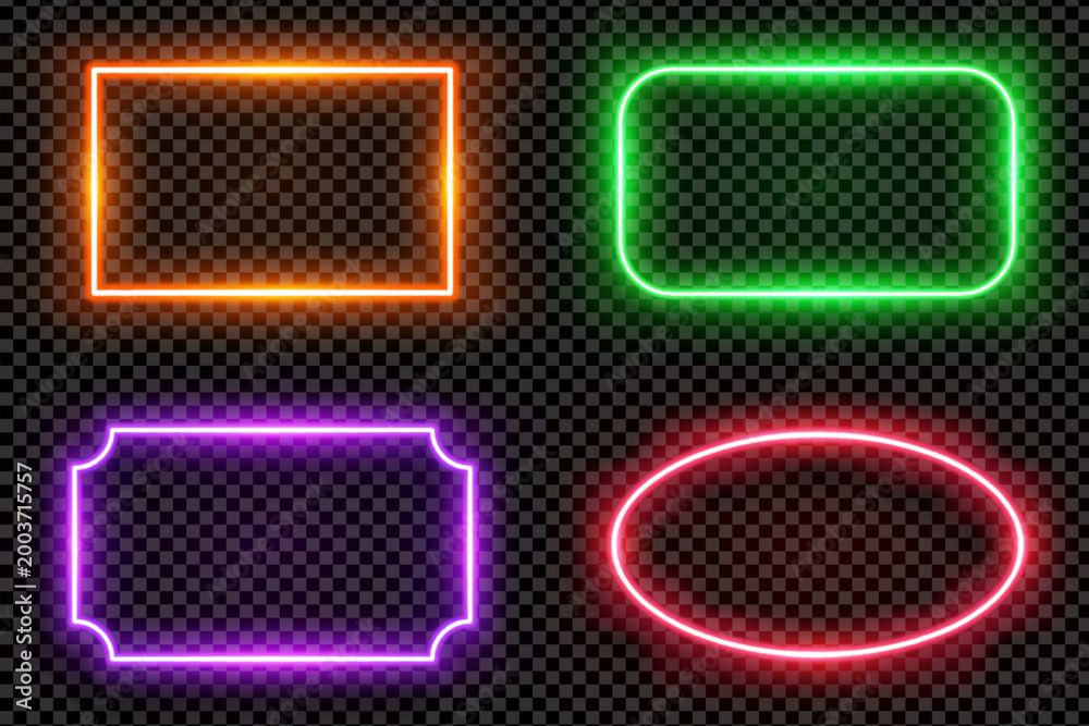 Fototapeta premium Realistic oval and rectangle colored led neon tube frames isolated on transparent background. Light effect photo frame. Detailed vector illustration
