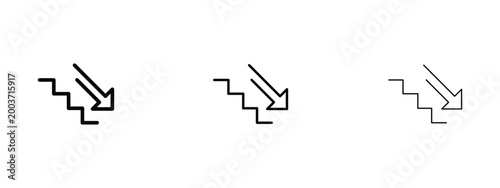 Tableau sur toile Minimalist stairs down icon set, black line vector staircase with downward arrow