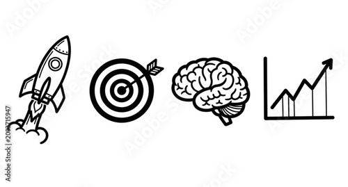 Business startup doodle icon set rocket target brain growth concept vector illustration isolated on white background