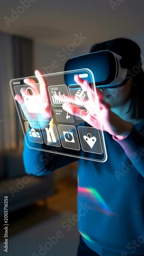 Man using virtual reality headset with digital interface.