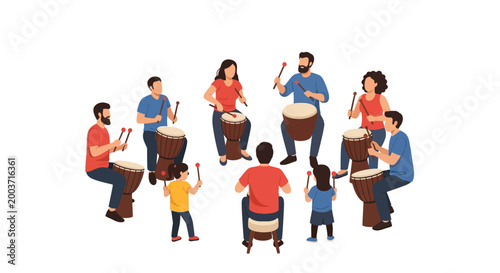Diverse community gathering in an outdoor circle engaging in vibrant communal drumming and rhythmic music activity