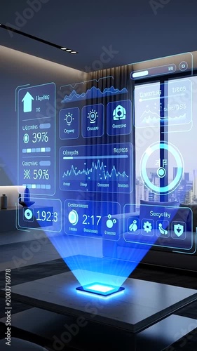 Futuristic Smart Home Interface with Holographic Display.