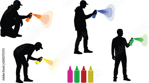 Graffiti Artist Spray Paint Vector Illustration Set with Colorful Cans and Silhouette Spray Art Street Art Character Collection for Urban Design and Creative Projects