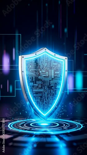 Glowing Blue Shield Cyber Security Protection.