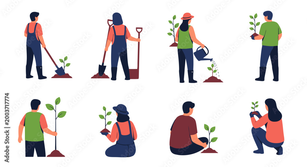 Fototapeta premium Diverse people planting young trees and digging soil with shovels for environmental conservation and reforestation