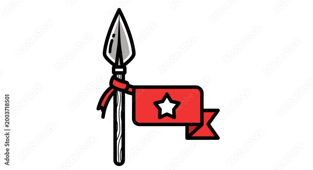 Fototapeta premium Stylized spear with red banner and star symbol on white background