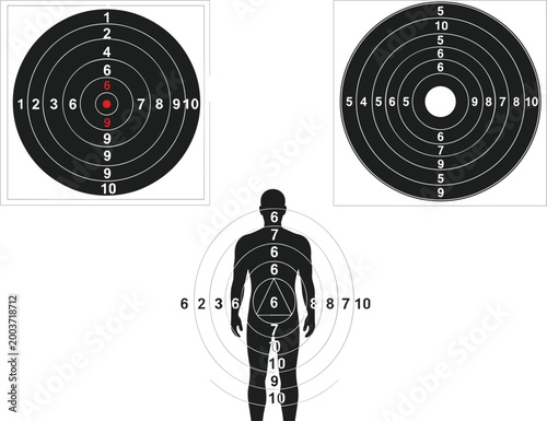 Target Practice Body Target Scoring System Vector Illustration Set with Bullseye Circular Ranges for Archery Shooting Sports Health and Wellness Assessment