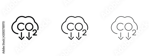 Obraz na płótnie Carbon dioxide reduction icons set, CO2 emissions cloud with downward arrows, mi