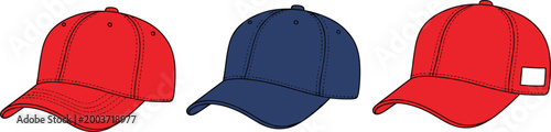 Baseball cap icon set with red and blue hat illustrations, casual fashion accessory symbols isolated on white background for clothing and apparel design concepts