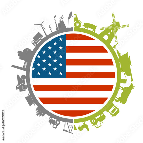 Circle with agricultural and heavy industry icons. Objects located around the circle. Flag of the USA in the center. Background for eco products. Business responsibility.