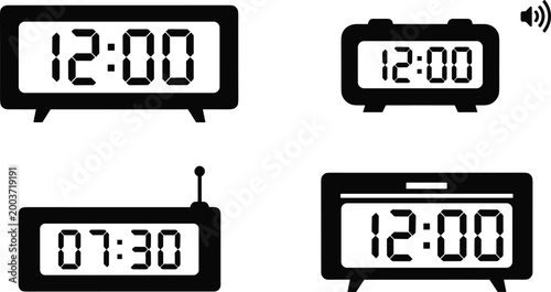 Digital alarm clock icons set with electronic time display, wake up timer and schedule symbols for modern timekeeping design concepts