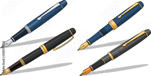 Fountain pen and writing instrument set with luxury ink pens, office stationery symbols isolated on white background for business, education and signature design concepts