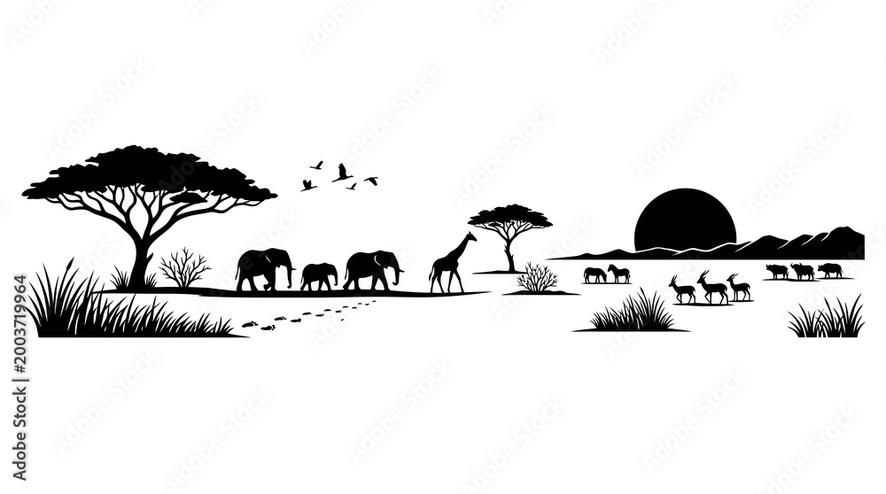 Fototapeta premium African Safari Silhouette: Elephants, Giraffe, Antelopes at Sunset